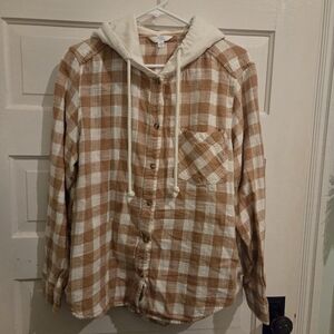 Time and Tru Brown Plaid Button Down Shirt with Hood